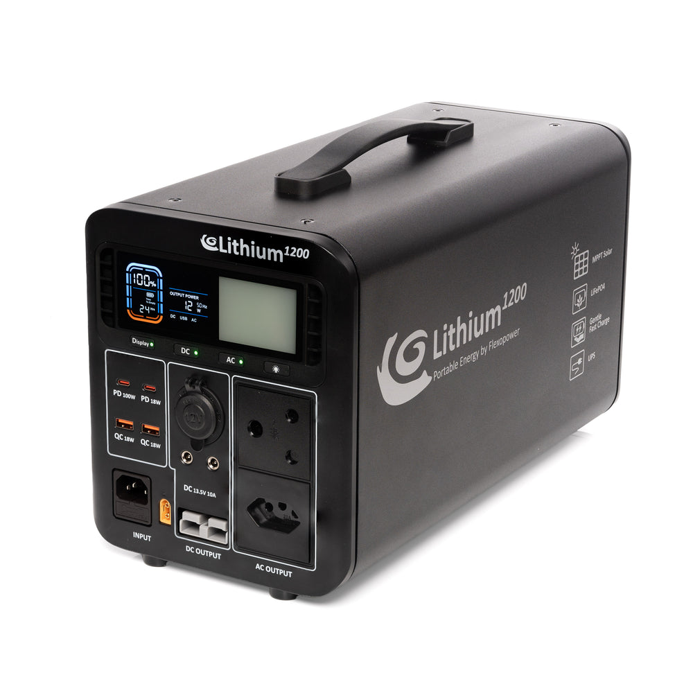 FLEXOPOWER LITHIUM1200-SB50 POWER STATION & KALAHARI400W PORTABLE SOLAR COMBO