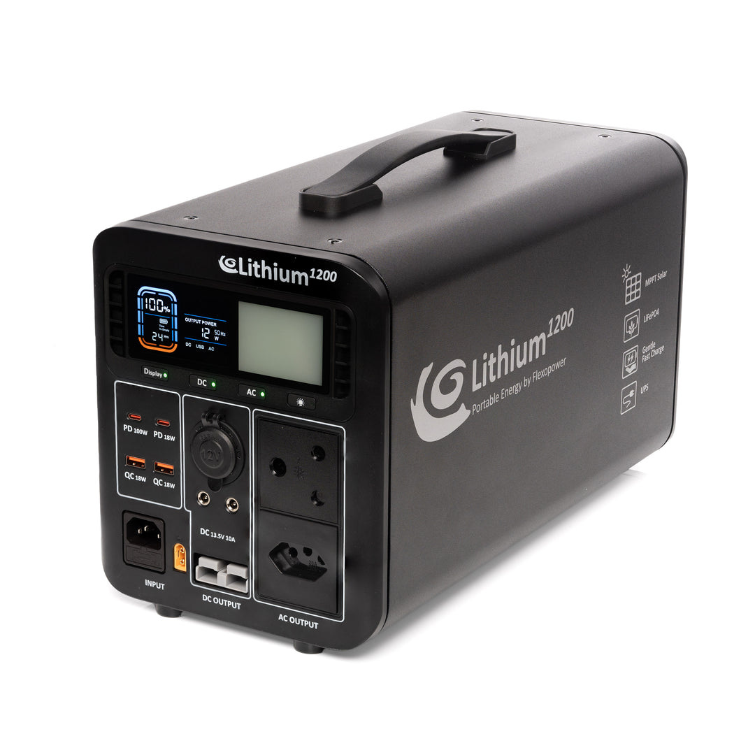 FLEXOPOWER LITHIUM1200-SB50 POWER STATION & KALAHARI400W PORTABLE SOLAR COMBO