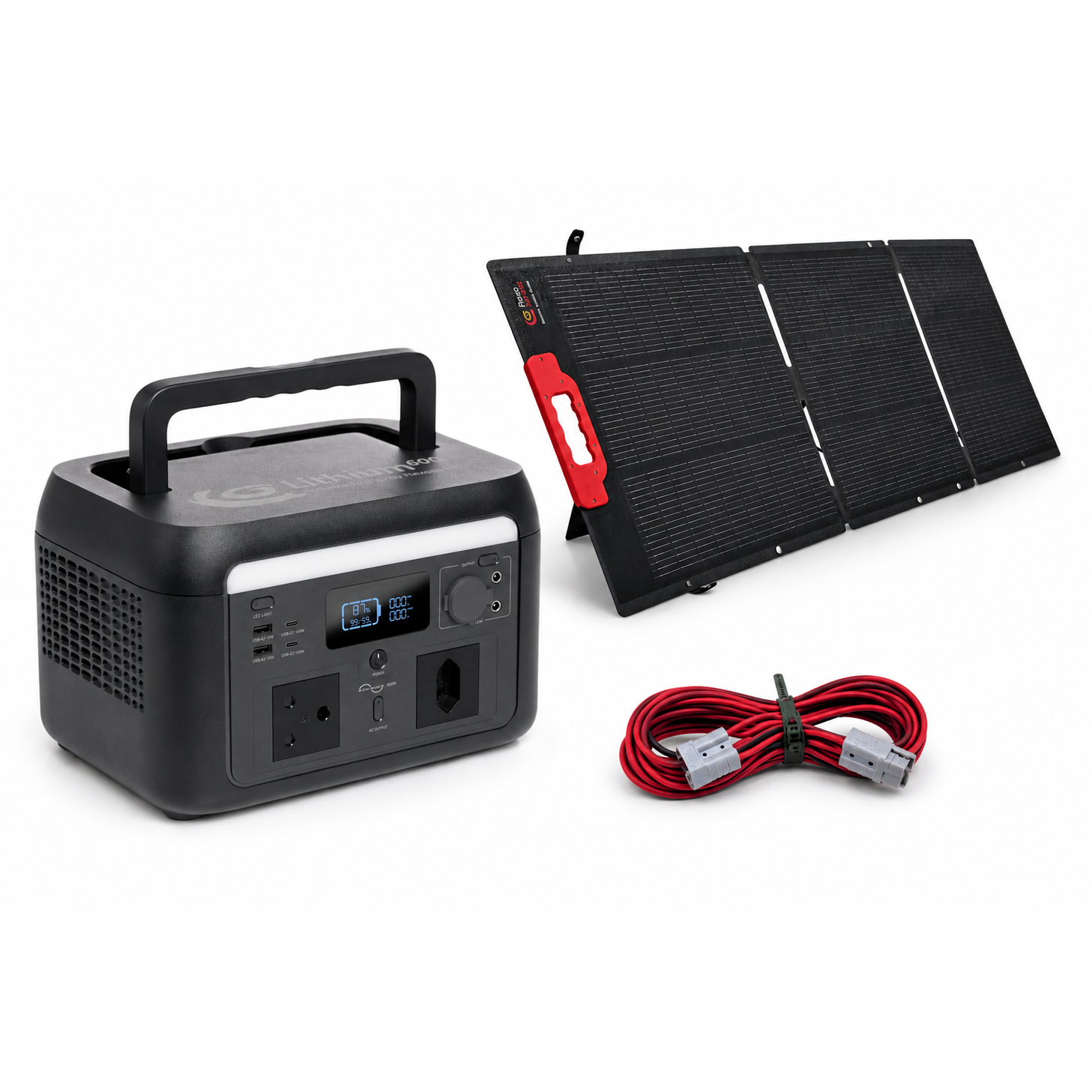 Portable power station with solar panel and cable on a white background