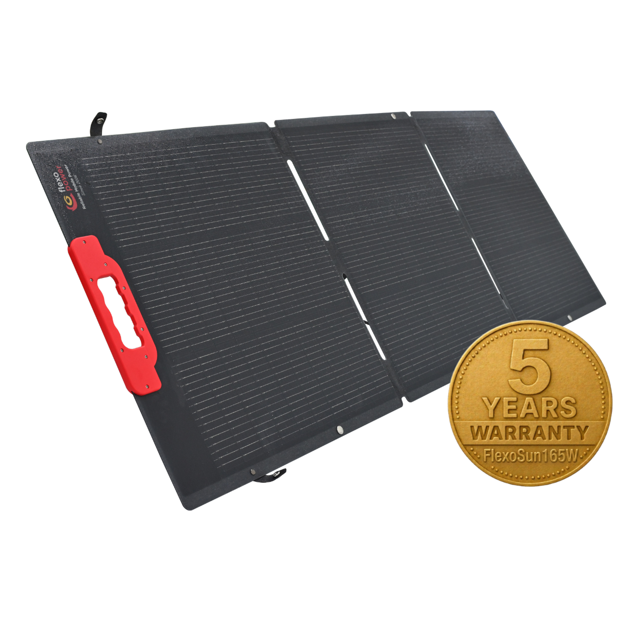 Foldable solar panel with a red handle and a gold warranty badge on a white background
