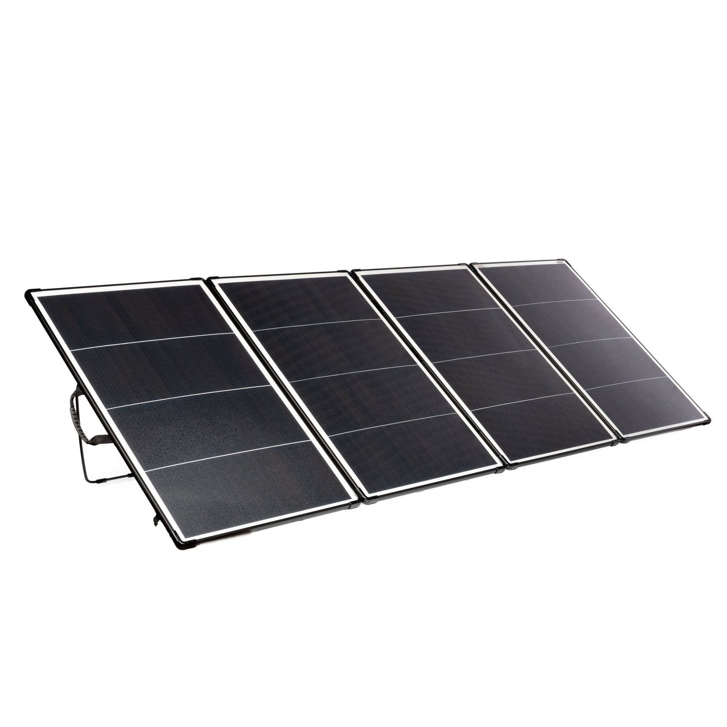 Foldable solar panel with four panels arranged in a sequence, extended and angled to capture sunlight, with a grey Anderson connector.