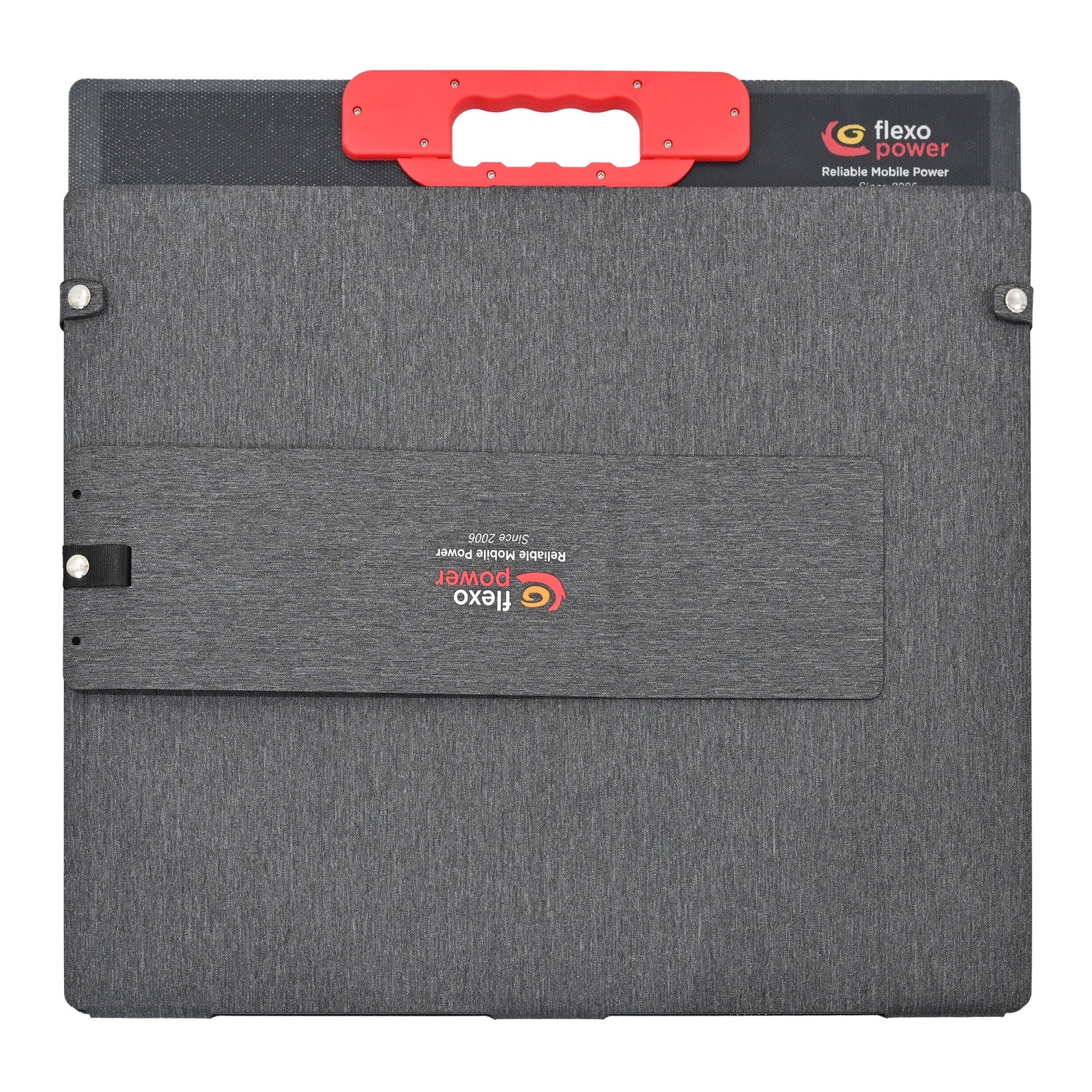Gray carrying portable solar panel case with red handle on a white background