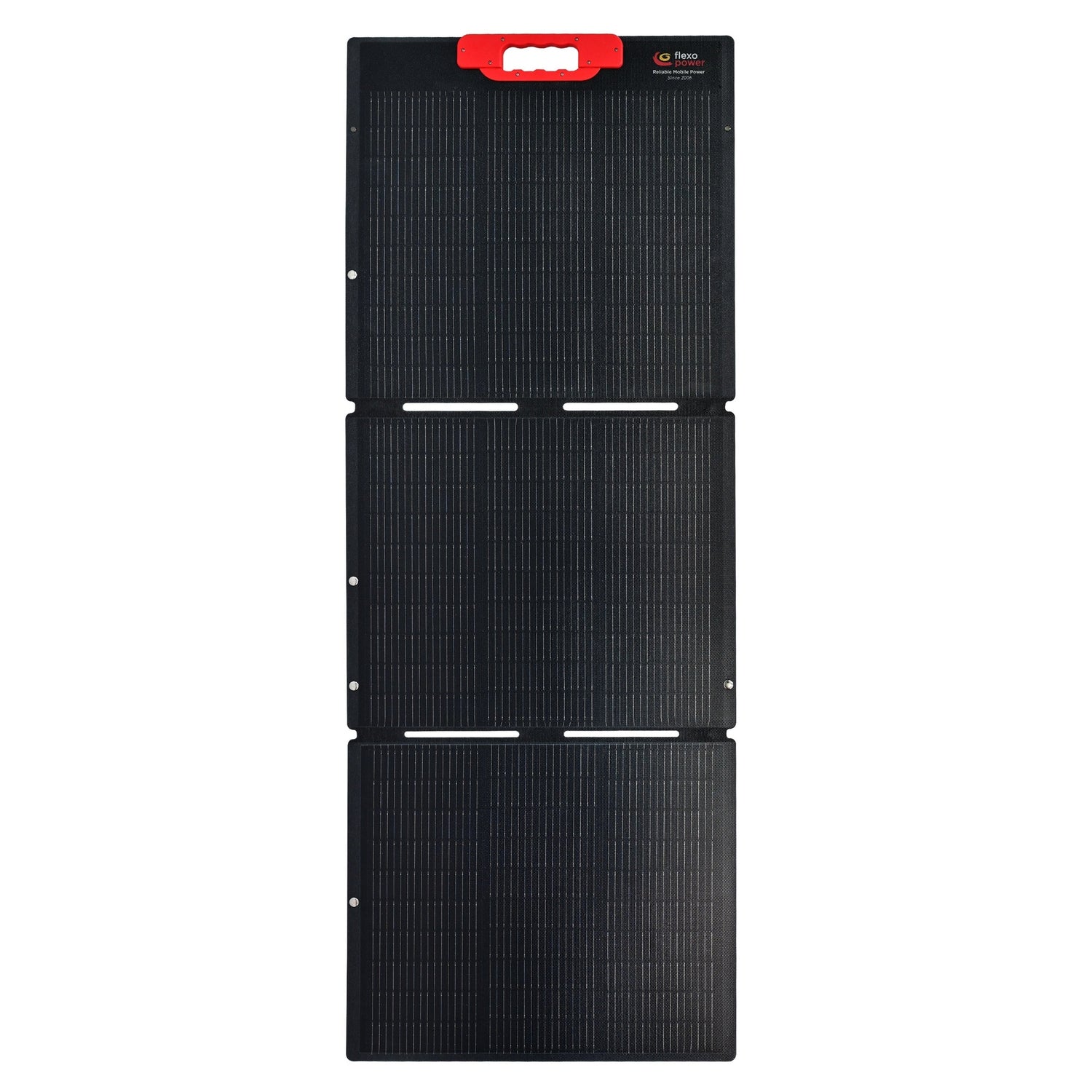 Solar panel with a red label on a white background Flexopower