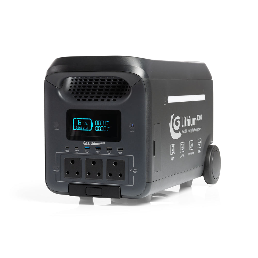 COMBO LITHIUM3000 POWER STATION WITH EXTRA BATTERY (5120WH/400Ah), KALAHARI800W PORTABLE SOLAR(2x400W), 20M EXTENSION CABLE - PLUG AND PLAY