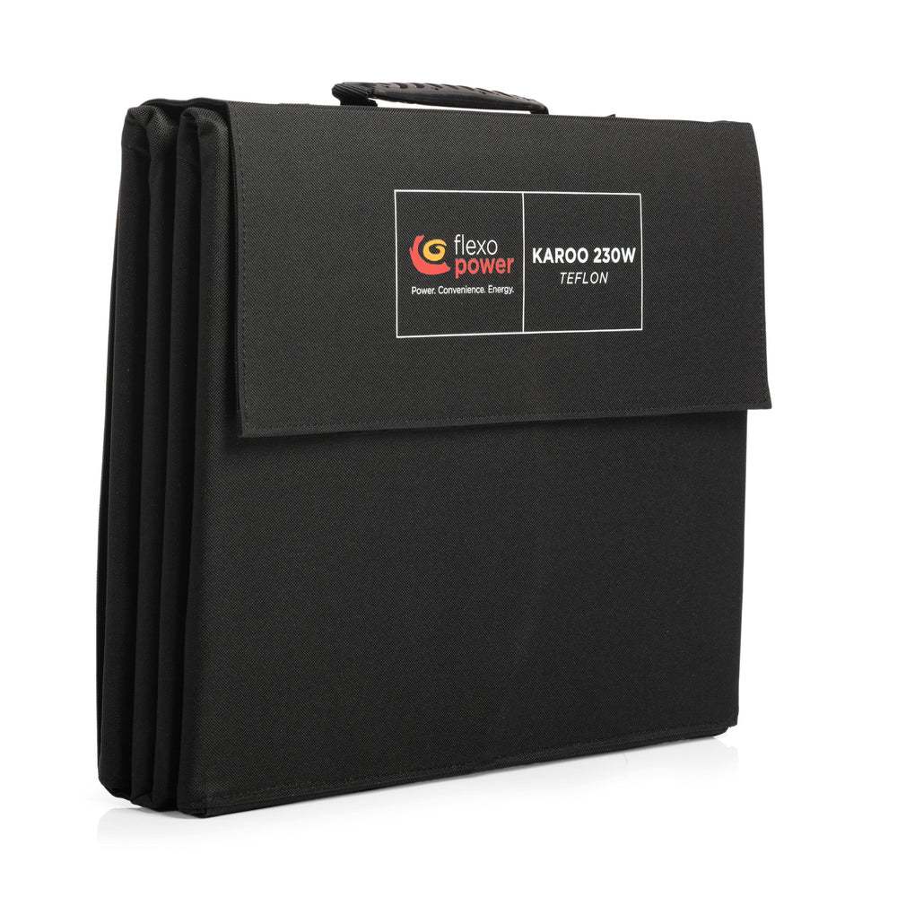Black carrying case with flexo power branding on a white background