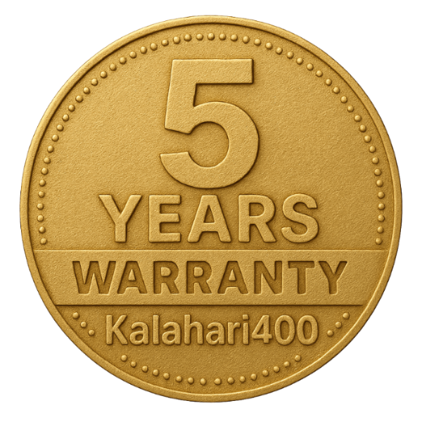 Gold coin with '5 Years Warranty Kalahari400' text on a green background