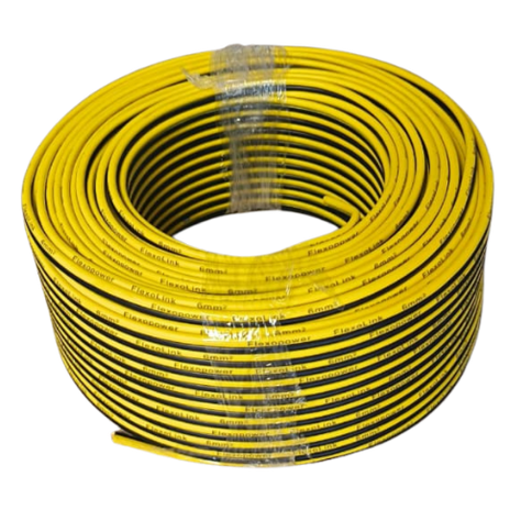 Coiled yellow and black cable on a white background