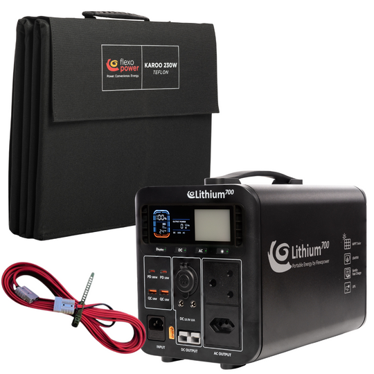 COMBO LITHIUM700-SB50 POWER STATION, KAROO230W PORTABLE SOLAR, 10M EXTENSION CABLE - PLUG AND PLAY