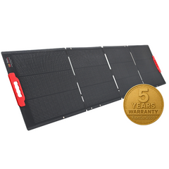 Foldable solar panel with a 5-year warranty badge on a white background