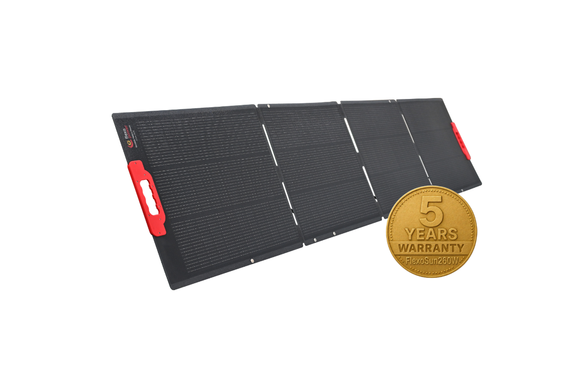 Foldable solar panel with a 5-year warranty badge on a white background