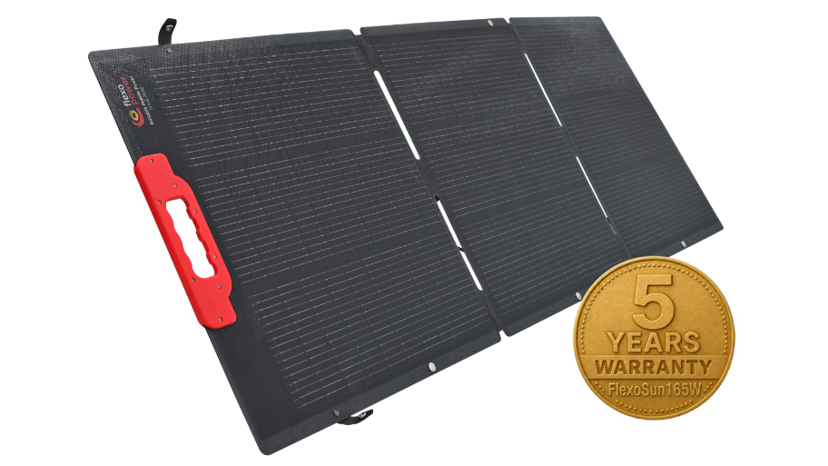 Foldable solar panel with a 5-year warranty badge on a white background