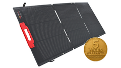 Foldable solar panel with a 5-year warranty badge on a white background
