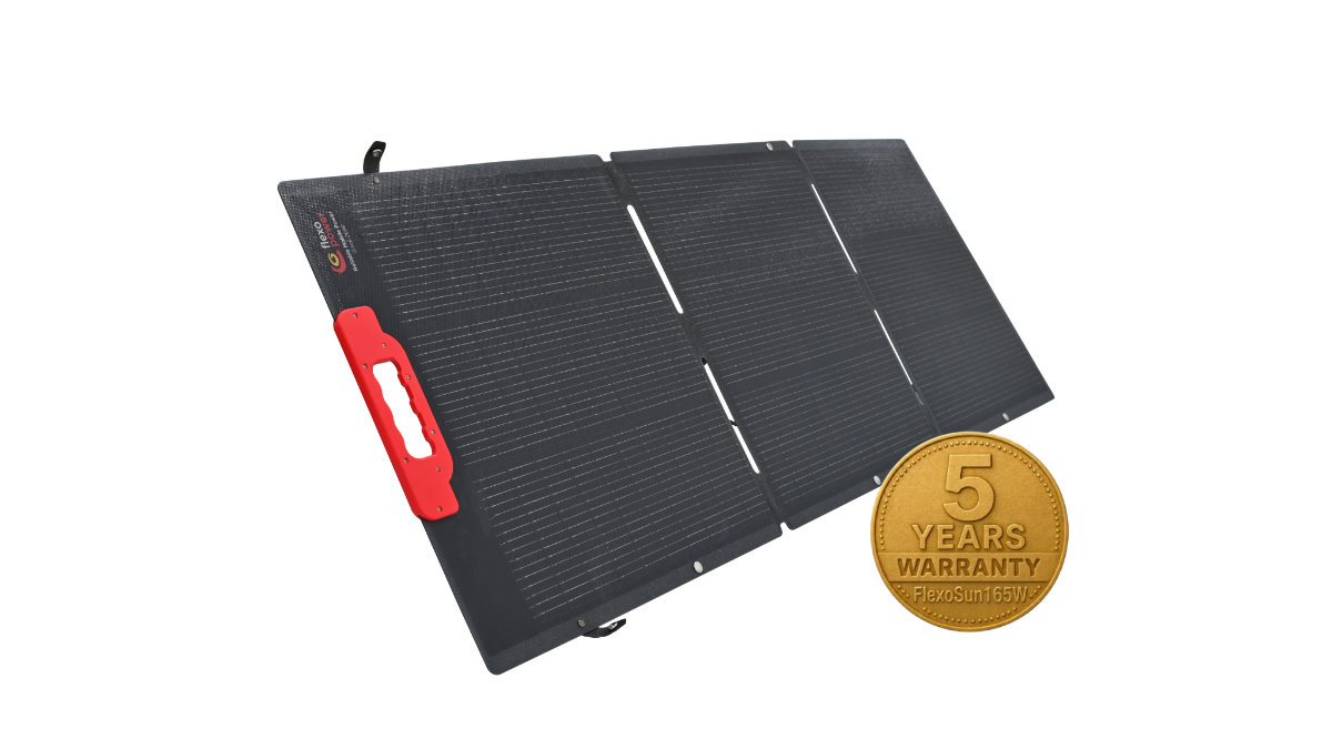 Foldable solar panel with a 5-year warranty badge on a white background
