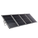 Foldable solar panel with four panels arranged in a sequence, extended and angled to capture sunlight, with a grey Anderson connector.
