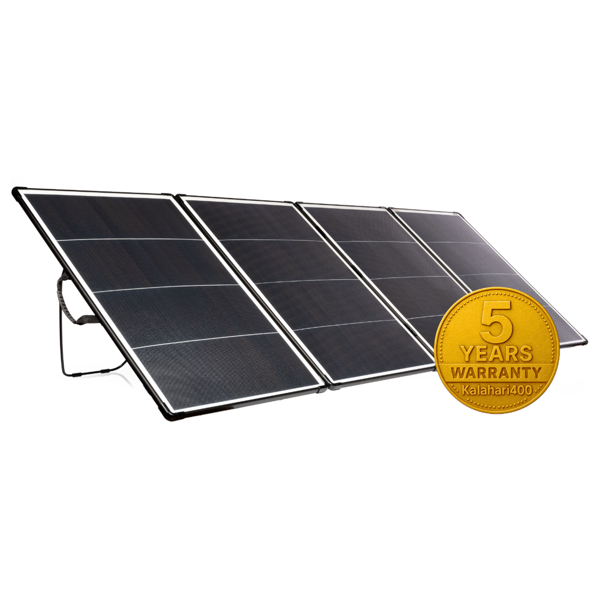 Solar panel with a 5-year warranty badge on a white background
