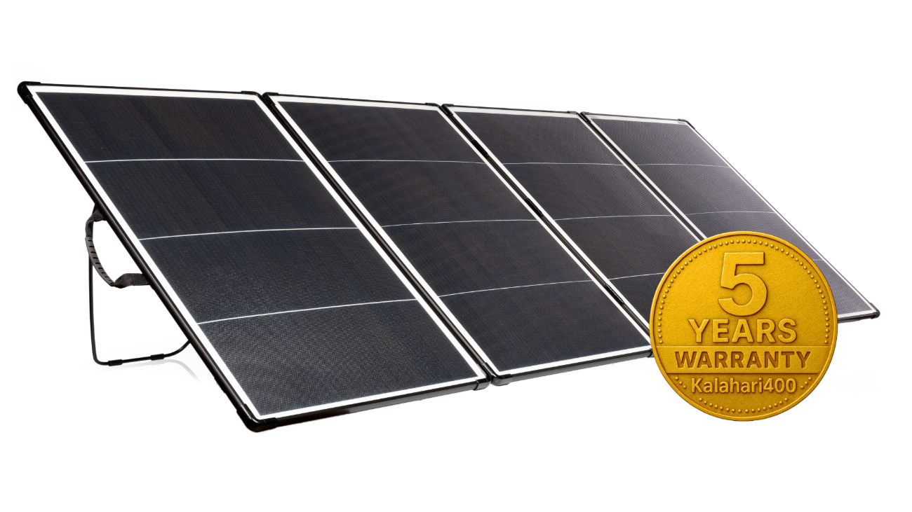 Solar panel with a 5-year warranty badge on a white background
