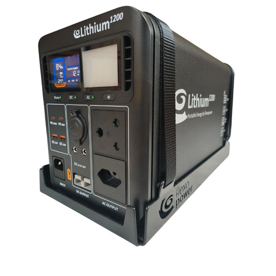 FLEXOPOWER LITHIUM1200-SB50 POWER STATION & KALAHARI400W PORTABLE SOLAR COMBO