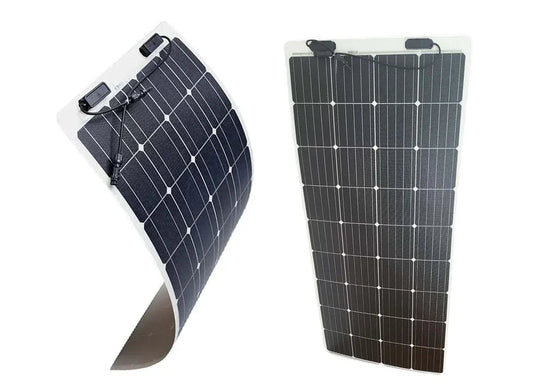 Two views of a semi-flexible, monocrystalline silicon solar panel, one showing the front with solar cells and the other showing the back with a Teflon encapsulation layer.
