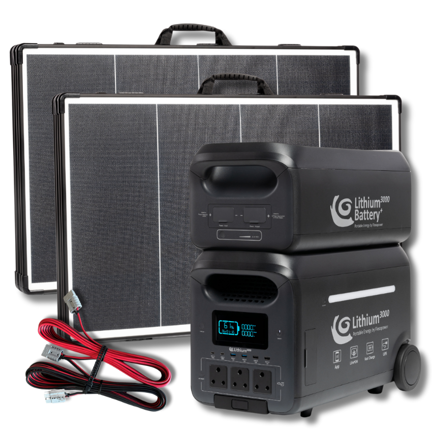 COMBO LITHIUM3000 POWER STATION WITH EXTRA BATTERY (5120WH/400Ah), KALAHARI800W PORTABLE SOLAR(2x400W), 20M EXTENSION CABLE - PLUG AND PLAY