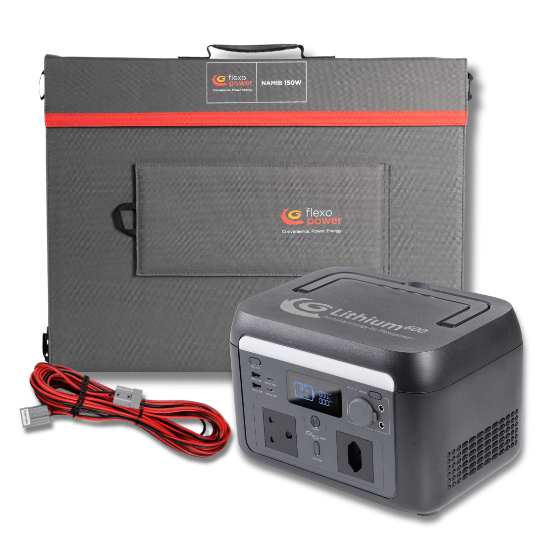 COMBO LITHIUM600 POWER STATION, NAMIB150W PORTABLE SOLAR, 10M EXTENSION CABLE - PLUG AND PLAY