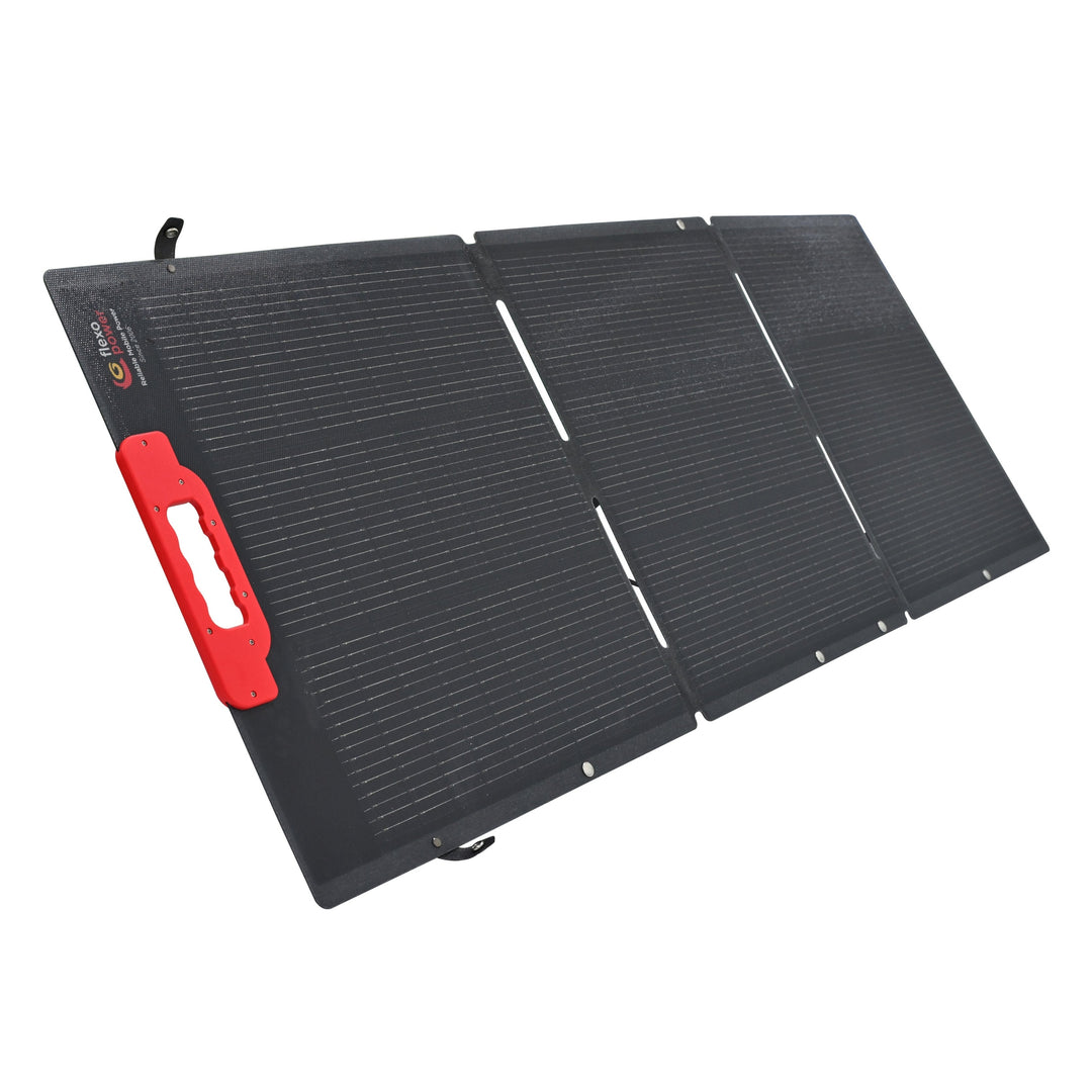 Foldable solar panel with a red handle on a white background