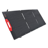 Foldable solar panel with a red handle on a white background