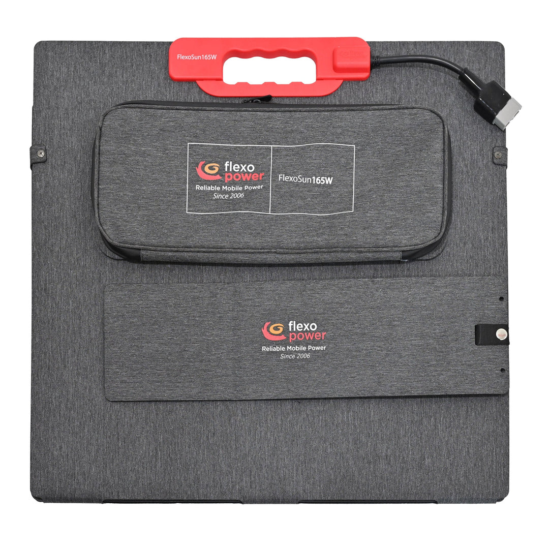 Gray portable solar carrying case with red handle on a white background