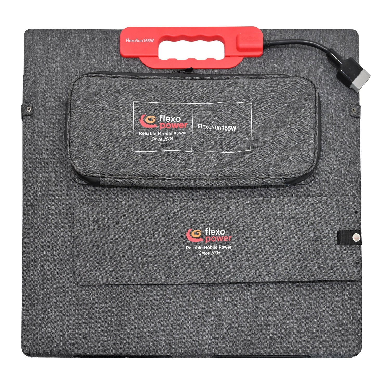 Gray portable solar carrying case with red handle on a white background