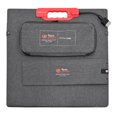 Gray portable solar carrying case with red handle on a white background