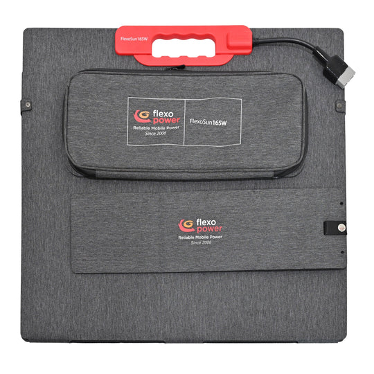 Gray portable solar carrying case with red handle on a white background