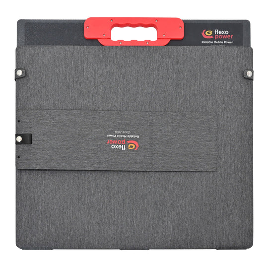 Gray carrying portable solar panel case with red handle on a white background
