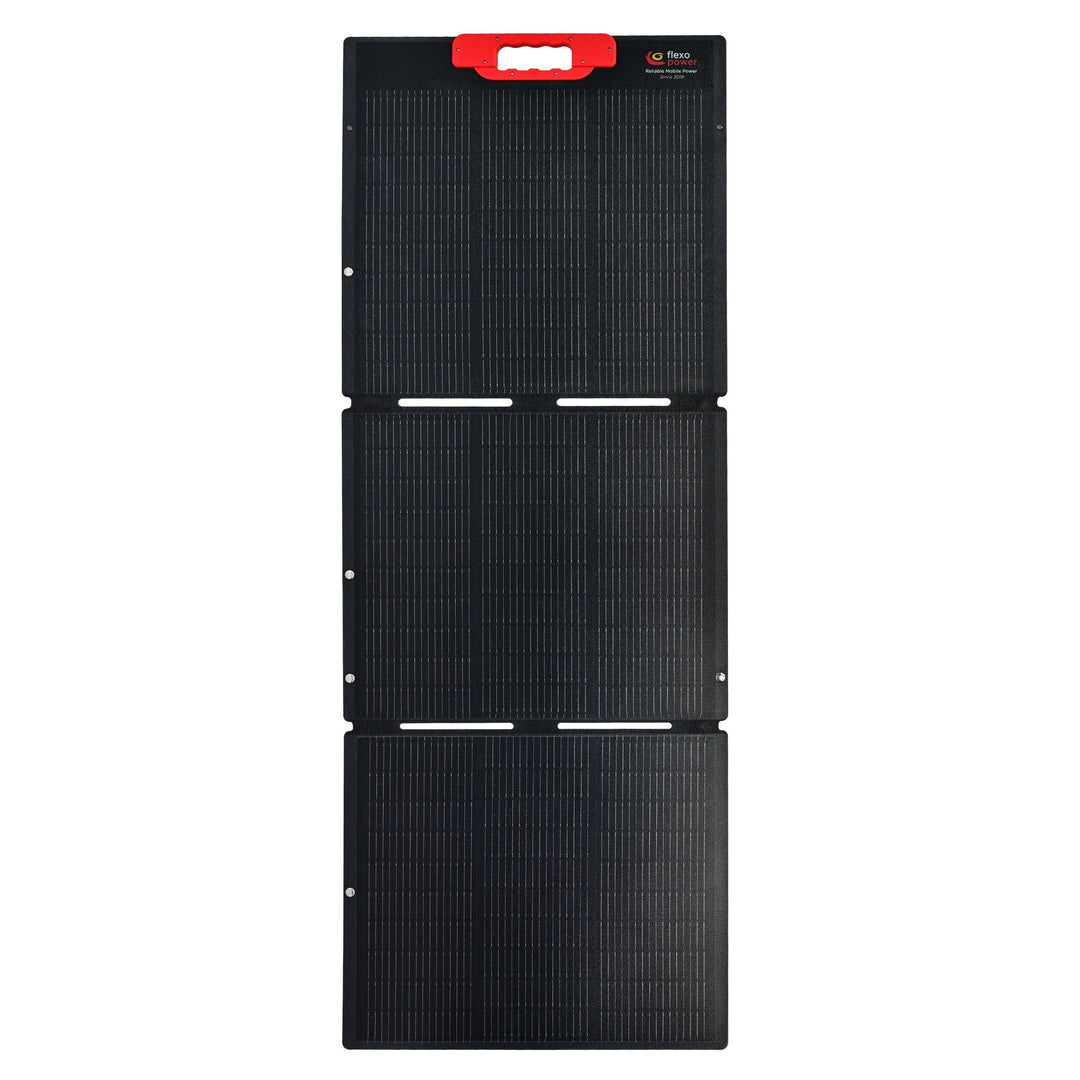 Solar panel with a red label on a white background Flexopower