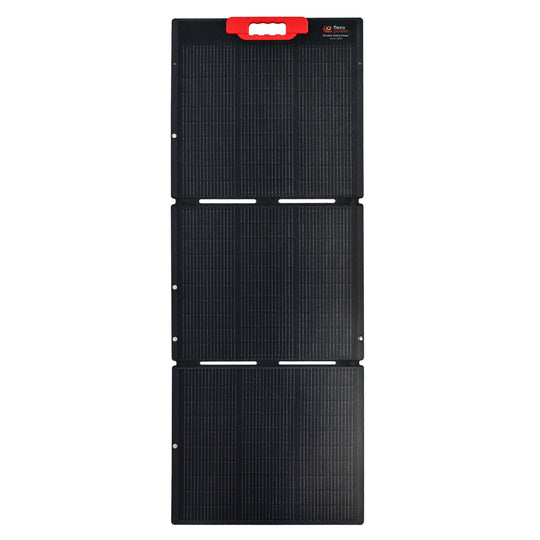 Solar panel with a red label on a white background Flexopower