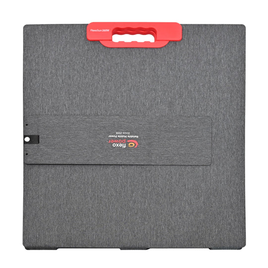 Gray carrying portable solar panel with a red handle on a white background