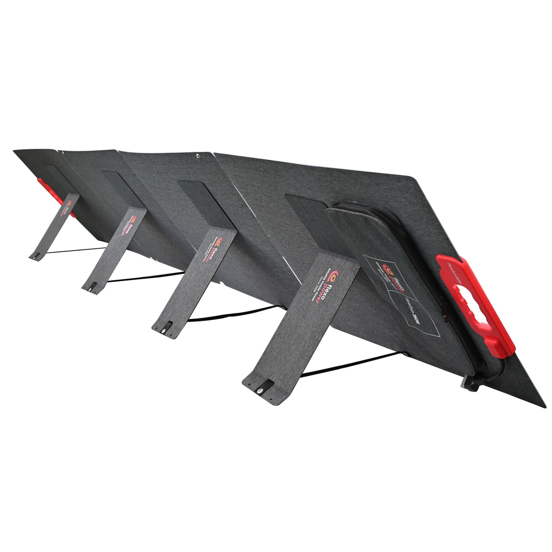 Supporting legs angling camping solar panel into the sun