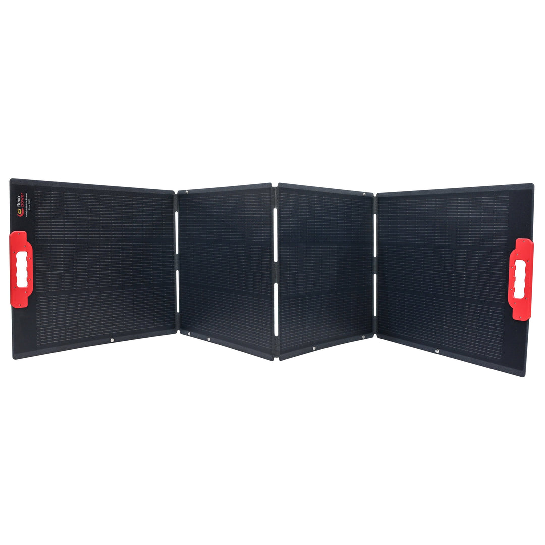 Foldable solar panel with red handles on a white background