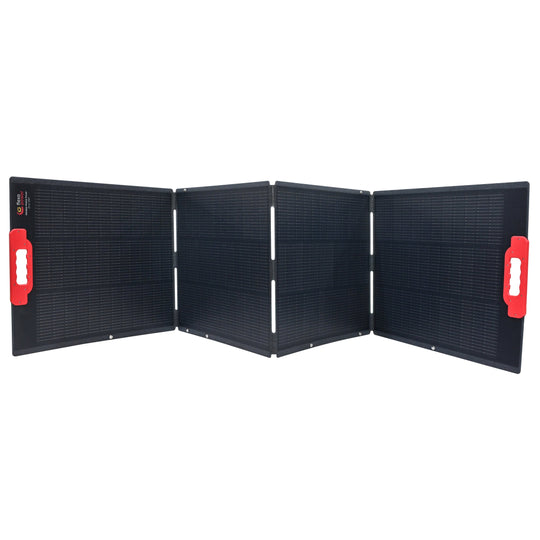 Foldable solar panel with red handles on a white background